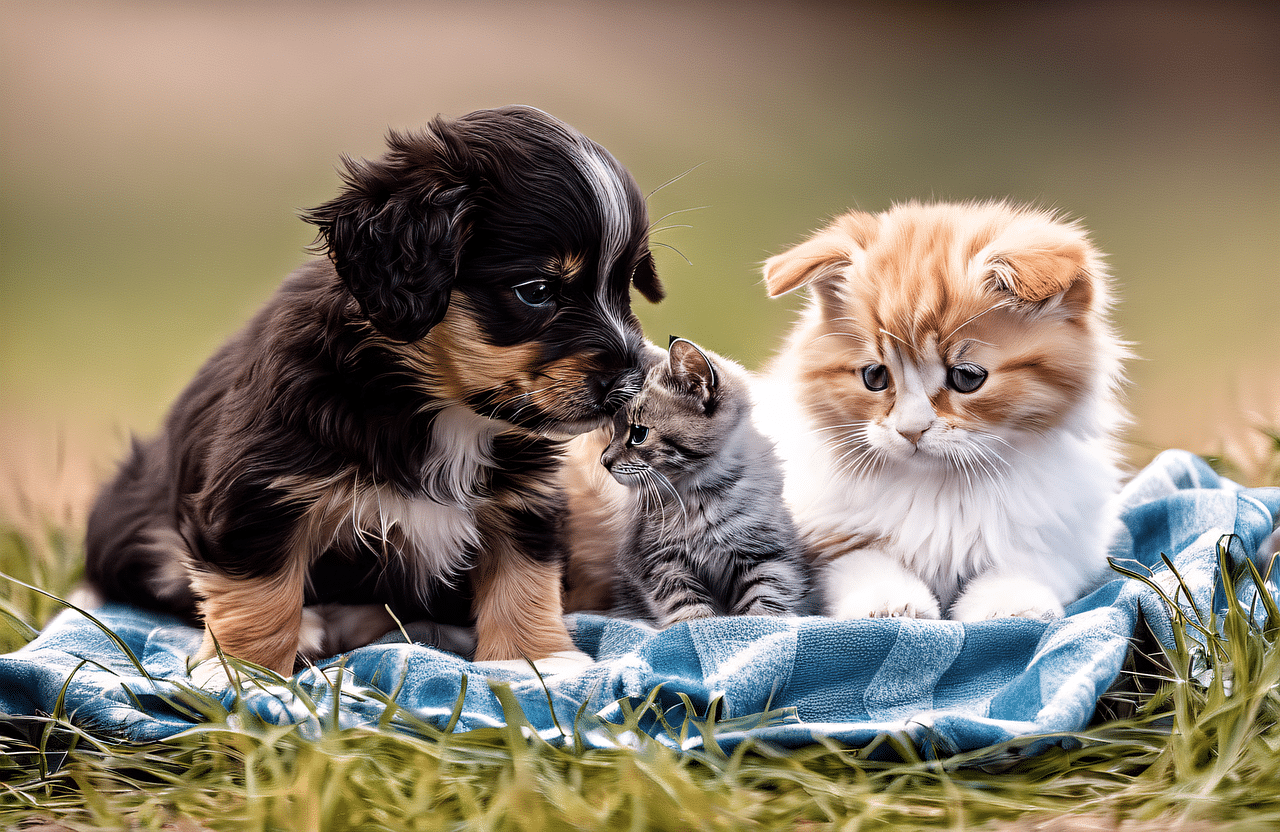 Can cats and dogs have babies? A dog, cat, and kitten lounging on a small picnic blanket